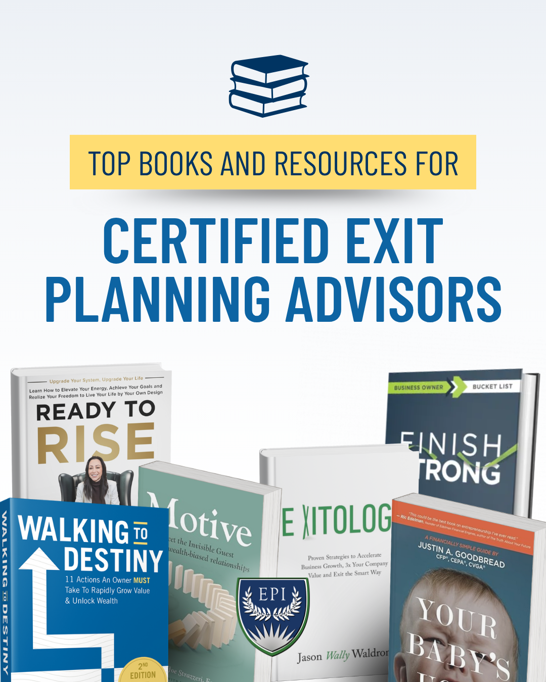 Top Books and Resources for Certified Exit Planning Advisors book covers on a white background